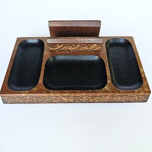 Vintage Swank Wood Valet Tray Carved‎ Scrollwork Desk Organizer Japan MCM